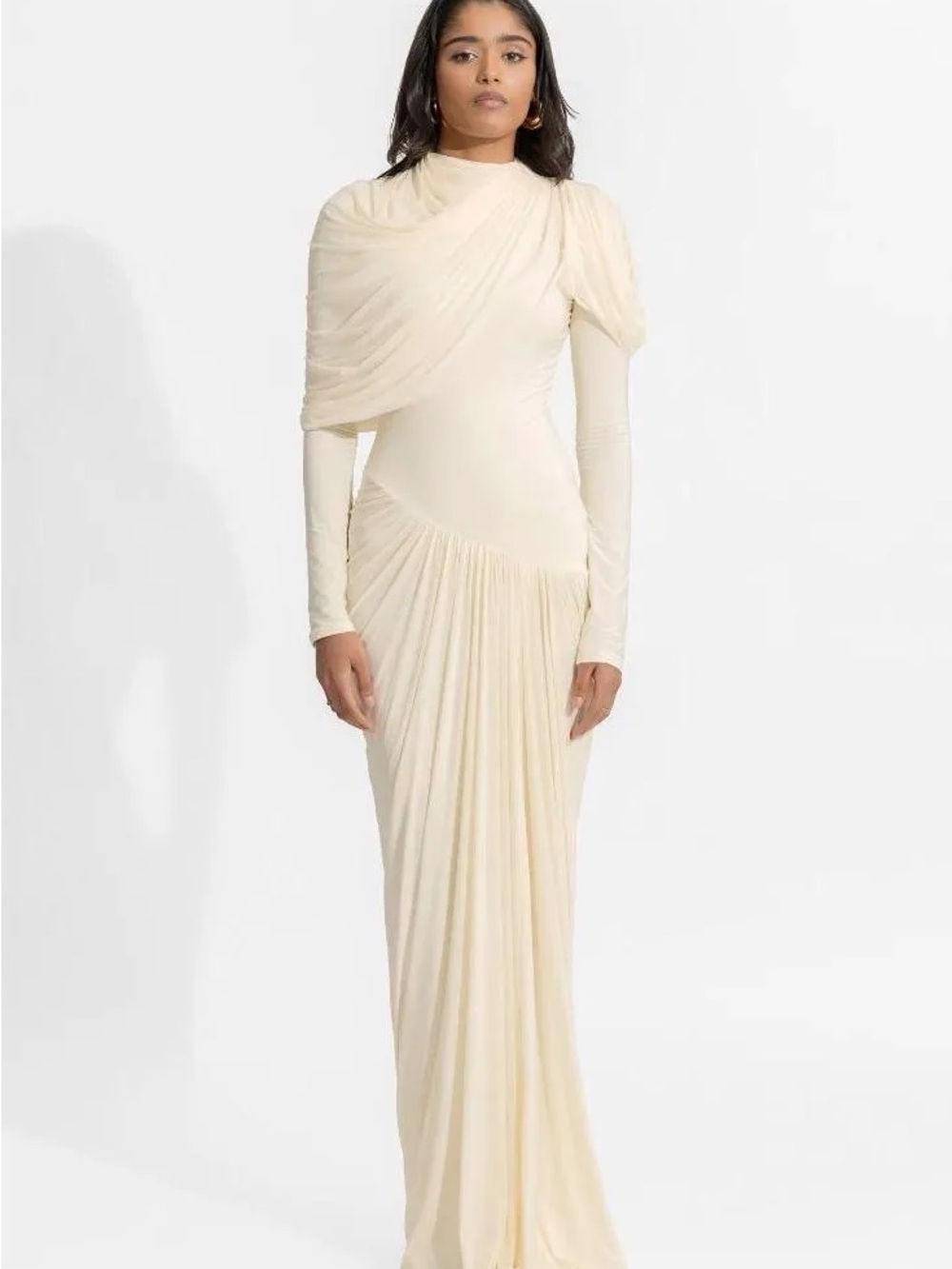 Elegant Cream Draped Long-Sleeve Maxi Dress